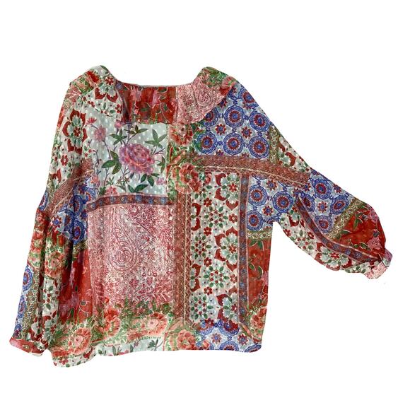 NWOT ZARA Top S Patchwork Jacquard Floral Print Chiffon Ruffle V Balloon-Long-Sl - Picture 3 of 12